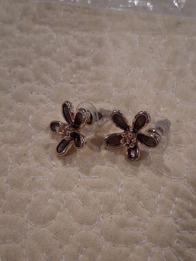 Gold-Tone Flower Stud Earrings with Brown Enamel Petals